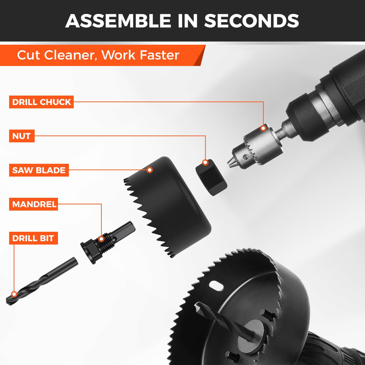 HORUSDY 8PCS Hole Saw Kit, 1"–2-1/8" (25–54mm), with 2 Pcs Drill Bits, Mandrel & Hex Key, Smooth Cut, DIY-Friendly Set for Soft Wood, Plywood, PVC