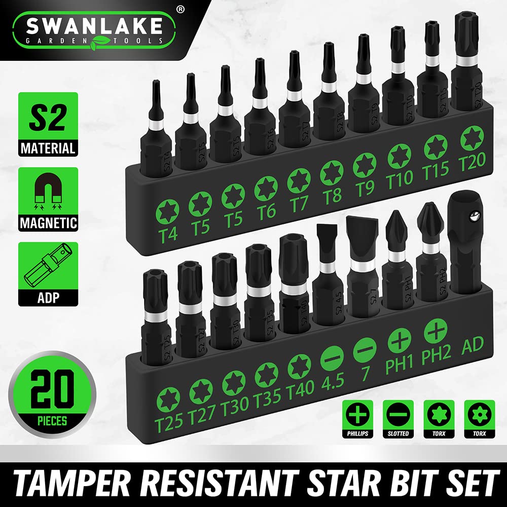 SWANLAKE 20PCS Tamper Resistant Star Bit Set,Torx Bit Set, Impact Grade Security Torx Bits Set,1/4-inch Hex Shank, S2 Alloy Steel, T4-T40