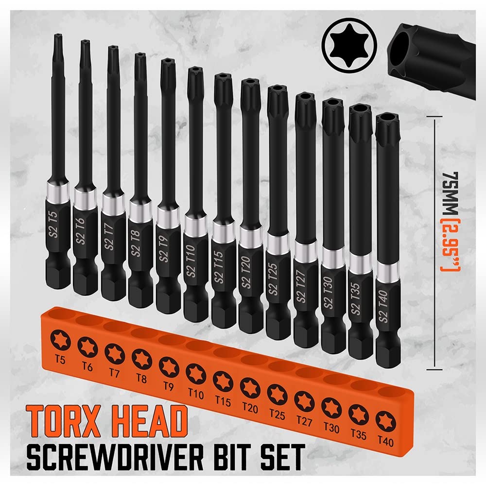HORUSDY 13-Piece Security Torx Bit Set, 3” Impact Rated Tamper-Resistant Star Bits, S2 Alloy Steel, 1/4” Hex Shank, T5–T40, Long Power Tool Driver Bits