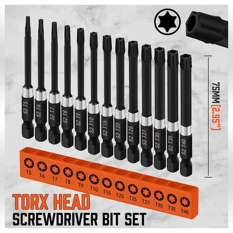HORUSDY 13-Piece Security Torx Bit Set, 3” Impact Rated Tamper-Resistant Star Bits, S2 Alloy Steel, 1/4” Hex Shank, T5–T40, Long Power Tool Driver Bits