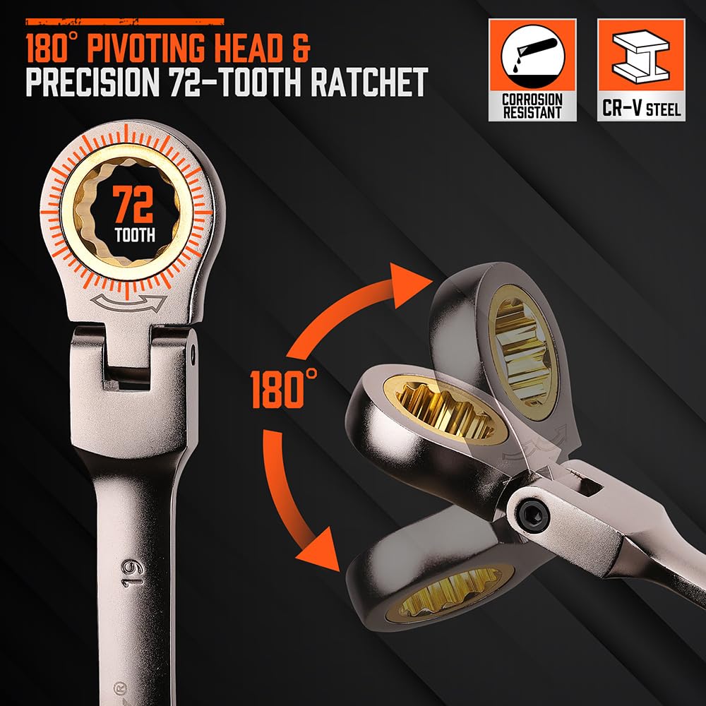 HORUSDY 12-Piece Metric Flex-Head Ratcheting Wrench Set with Organizer | 8-19 mm Ratchet Combination Wrenches Set | 72-Teeth | Chrome Vanadium Steel