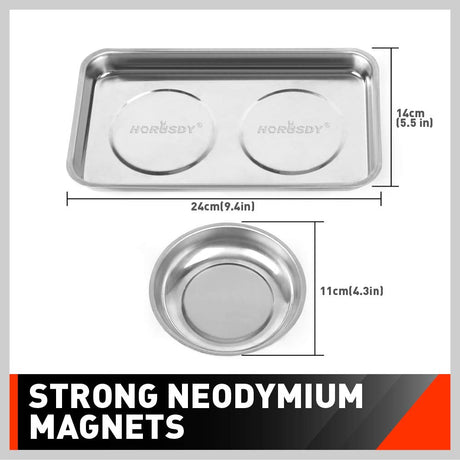 HORUSDY 4-Piece Large Magnetic Parts Tray Set, Stainless Steel Heavy Duty 9.5" W x 5.5''L Square and 4.5" Round Magnetic Trays Tools Parts Tray