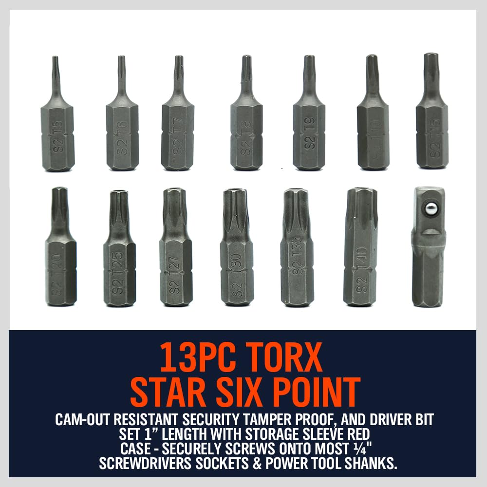 HORUSDY 14-Piece Tamper Resistant Star Bits, S2 Alloy Steel, T5 - T40 Security Torx Bit Set