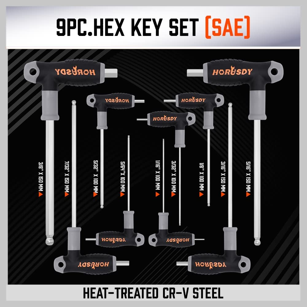 HORUSDY 18-Piece T-Handle allen wrench set, Inch/Metric Long Arm Ball End Hex Key Wrench Set, MM(1.5mm-10mm) SAE(1/16"-3/8")