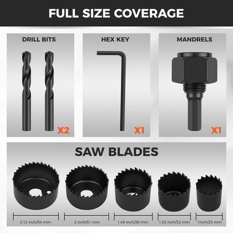 HORUSDY 8PCS Hole Saw Kit, 1"–2-1/8" (25–54mm), with 2 Pcs Drill Bits, Mandrel & Hex Key, Smooth Cut, DIY-Friendly Set for Soft Wood, Plywood, PVC