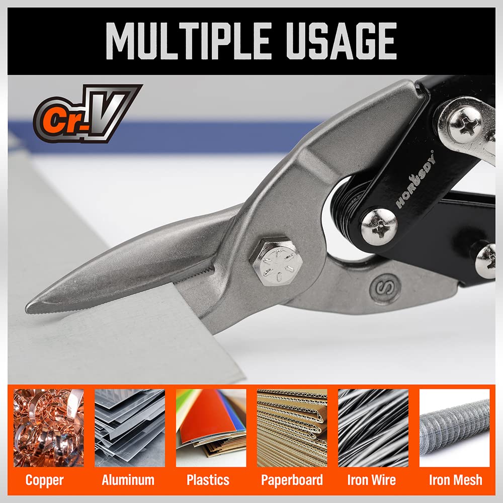 HORUSDY 3 Pack Aviation Tin Snips Set, 10 Inch Metal Straight Cut, Left Cut, Right Cut for Cut Sheet Metal, Chrome Vanadium Steel