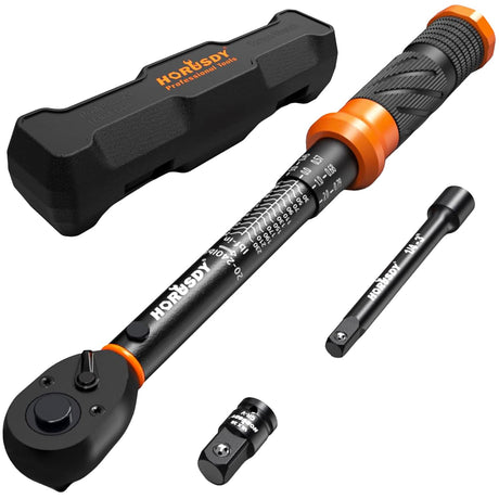 HORUSDY 1/4" Torque Wrench 4PCS Set, 20-240 in-lb Click Torque Wrench with 3" Extension Bar & 1/4" to 3/8" Adapter, Cr-V Inch Pound Torque Wrenches for Bike, Motorcycle & Small Engine Repair
