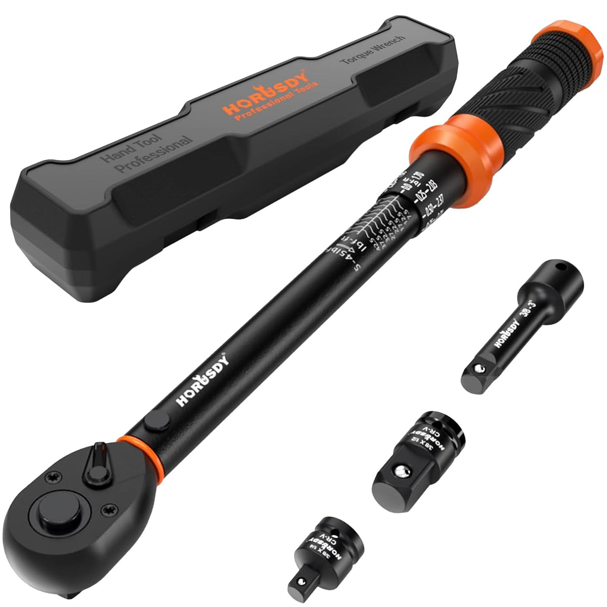 HORUSDY 3/8" 5PCS Torque Wrench Set(5–45 ft-lb/ 6.8–61 Nm) – Torque Wrench 3/8 Drive with 3" Extension, 3/8" to 1/4" & 3/8" to 1/2" Adapters, Case for Bike, Car, Moto & Other Repair
