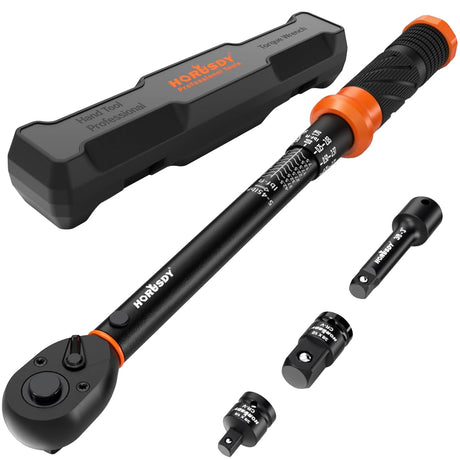 HORUSDY 3/8" 5PCS Torque Wrench Set(5–45 ft-lb/ 6.8–61 Nm) – Torque Wrench 3/8 Drive with 3" Extension, 3/8" to 1/4" & 3/8" to 1/2" Adapters, Case for Bike, Car, Moto & Other Repair