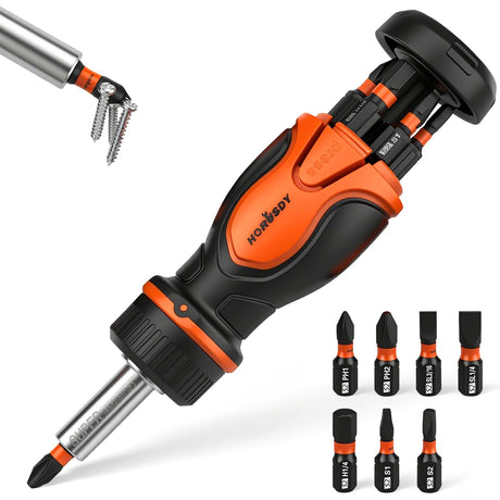 HORUSDY Magnetic Portable Screwdriver Bit Set: 8-in-1 Ratcheting Screw Driver Includes 1/4”Bit Driver Holder, 7 Screwdriver Bits with Phillips, Slotted, Square, Hex, for Garage & Daily Repair