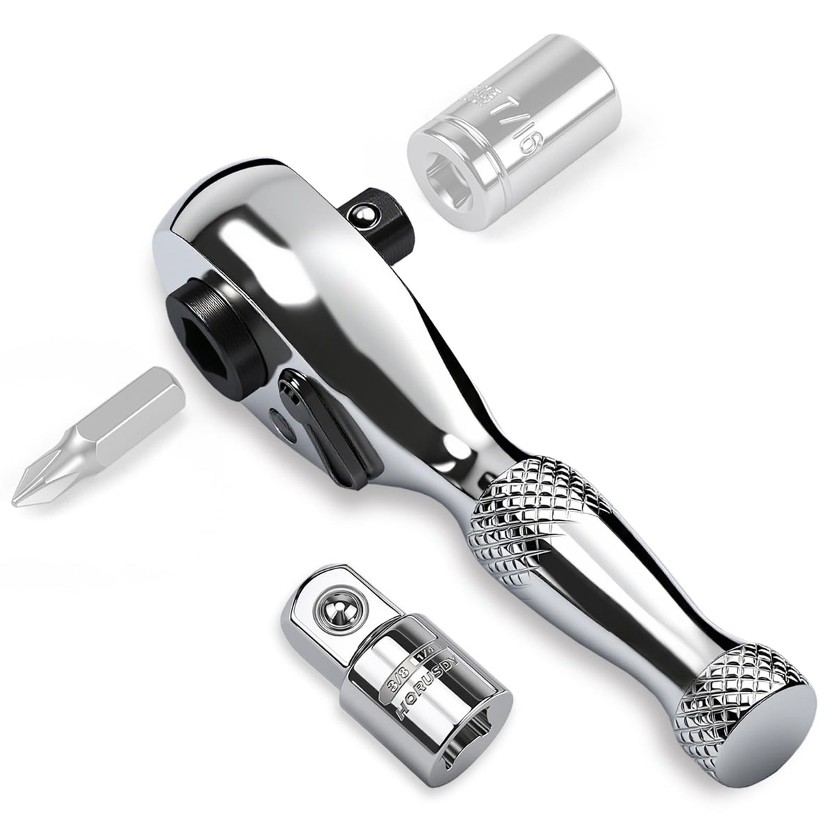 HORUSDY 1/4-Inch Stubby Ratchet Wrench Set, Chrome Alloy 90-Tooth Reversible 1/4" Drive Handle with Magnetic Bit Driver & 1/4" to 3/8" Adapter, Compact Socket Wrench for Tight Spaces, Auto, DIY