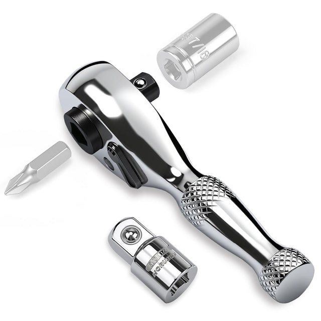 HORUSDY 1/4-Inch Stubby Ratchet Wrench Set, Chrome Alloy 90-Tooth Reversible 1/4" Drive Handle with Magnetic Bit Driver & 1/4" to 3/8" Adapter, Compact Socket Wrench for Tight Spaces, Auto, DIY