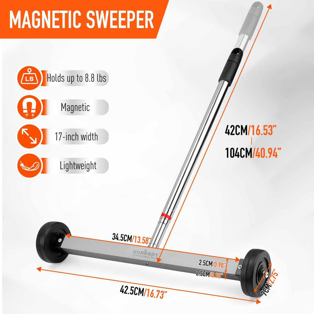 HORUSDY 17-Inch Rolling Magnetic Sweeper with Wheels | Adjustable Handle | 8.8-Pound Capacity Heavy-Duty Magnet to Pick Up Nails