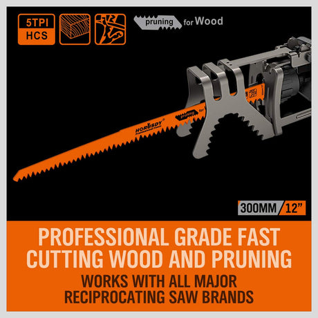 5-Pack 12-Inch Wood Pruning Reciprocating Saw Blades, 5TPI HCS Carbon Steel Sawzall Blades for Fast Cutting Green Wood, Branches & Plastic - Includes Storage Case