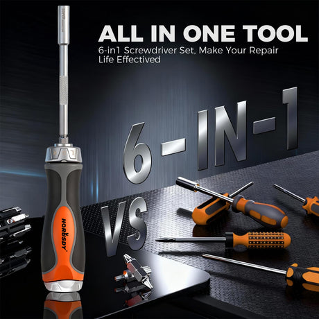 HORUSDY 6-in-1 Ratcheting Screwdriver Set, Magnetic Multi-Bit Screwdriver with Built-in Premium S2 Bits & 126mm Extension Bar, Dad Mens Gifts for Christmas, All-in-One Tool for Home Repair, DIY