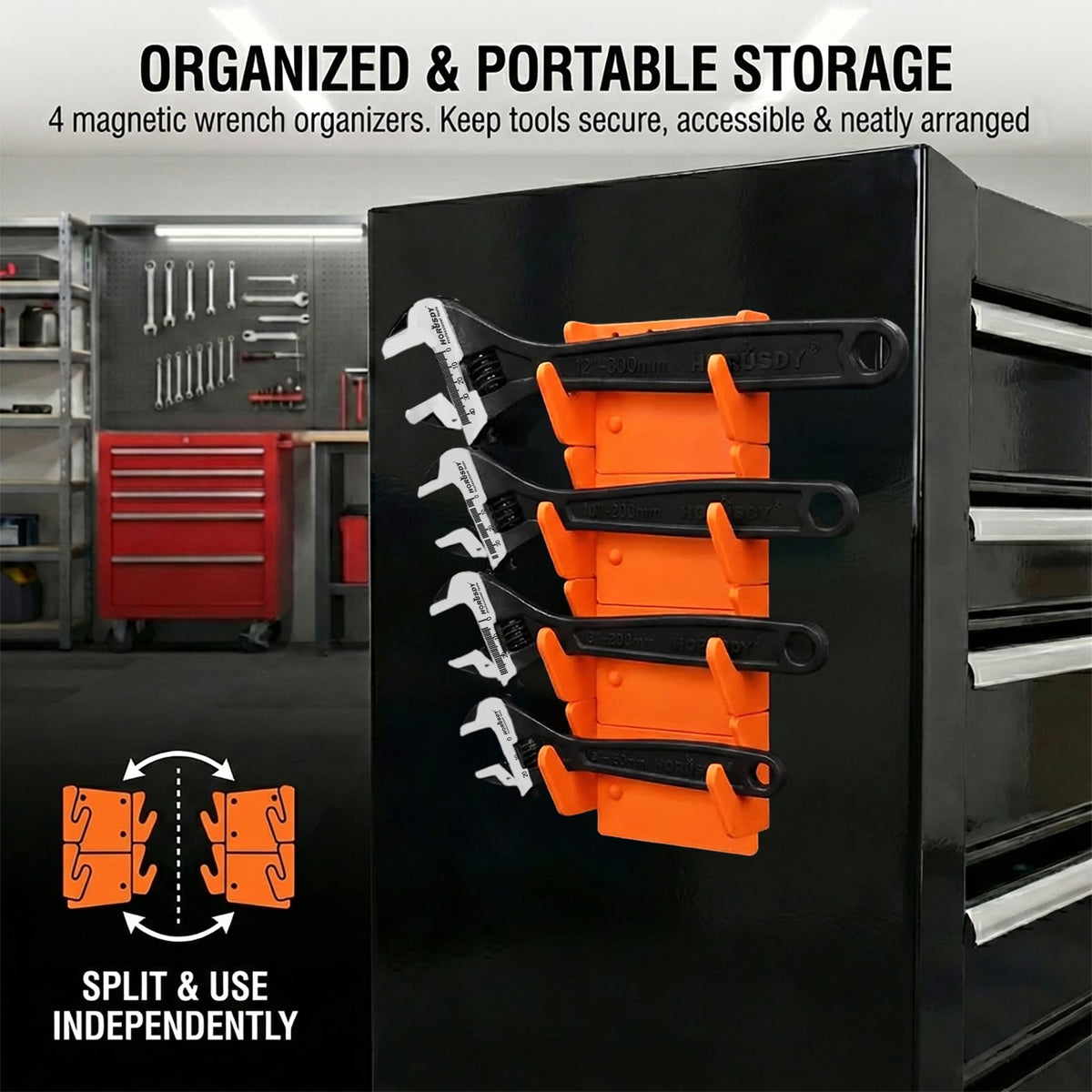 HORUSDY 4-Piece Adjustable Wrench Set With 4-Piece Magnetic Wrench Organizer Racks, 6" 8" 10" Wide Jaw Black Oxide Wrenches with Tool Roll Pouch, Metric&SAE Scales, CR-V Steel for Home Garage Workshop