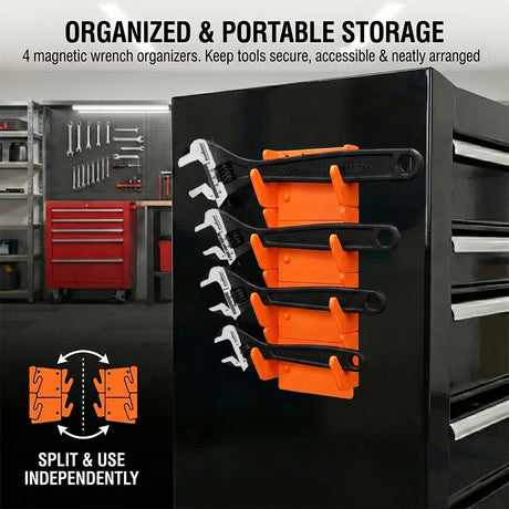 HORUSDY 4-Piece Adjustable Wrench Set With 4-Piece Magnetic Wrench Organizer Racks, 6" 8" 10" Wide Jaw Black Oxide Wrenches with Tool Roll Pouch, Metric&SAE Scales, CR-V Steel for Home Garage Workshop