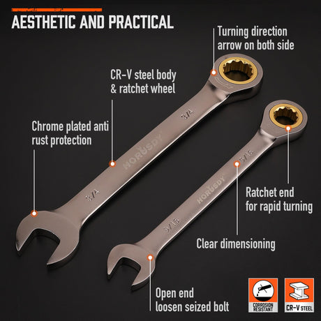 HORUSDY 12-Piece SAE Ratcheting Wrench Set | 1/4” to 7/8“ | Ratchet Combination Wrenches Set with Organizer | 72-Teeth | Chrome Vanadium Steel