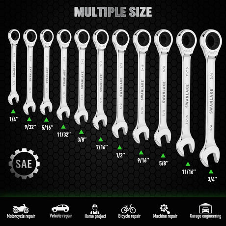 12-Piece Ratcheting Wrench Set, SAE 1/4 - 3/4 inch Ratchet Combination Wrenches Set, 12-Point 72-Tooth Ratchet Spanners with Magnetic Base Organizer, Chrome Vanadium Steel for Automotive Mechanic Tool