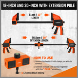 HORUDSY 3-Pack 12-Inch Bar Clamps Set with Leveling Block Clamps, Heavy Duty 350LBS Load, One-Handed Quick Grip Woodworking Clamps, Expandable Spreader with Connector