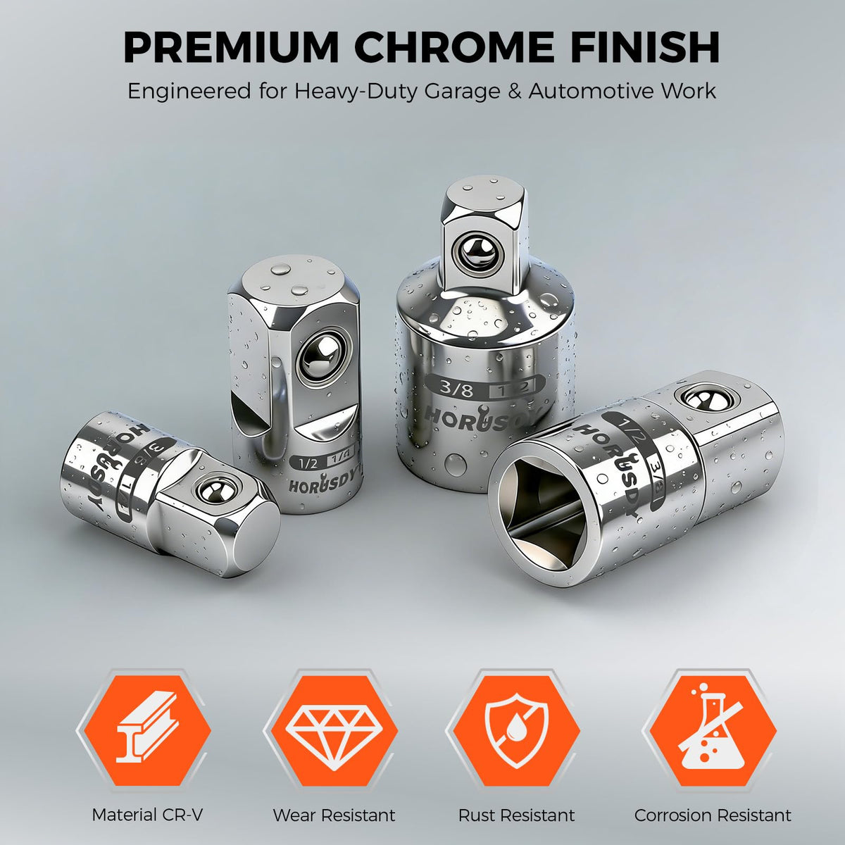 6-Piece Storeable Socket Adapter and Reducer Set with Magnetic Rail, Ratchet Adapter Set 1/4" 3/8" 1/2" Drive, Chrome Vanadium Steel, for Impact Driver & Drill, Organized Holder