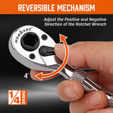 HORUSDY 1/4-Inch Stubby Ratchet Wrench Set, Chrome Alloy 90-Tooth Reversible 1/4" Drive Handle with Magnetic Bit Driver & 1/4" to 3/8" Adapter, Compact Socket Wrench for Tight Spaces, Auto, DIY