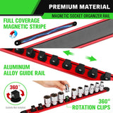 1/2-Inch Magnetic Socket Organizer Rail, Aluminum Alloy Socket Rail, Heavy Duty Sockets Holder with 12 Clips, 360° Swivel Clip Tool Tray, Sockets Organizer for Tool Box Drawer (Red)