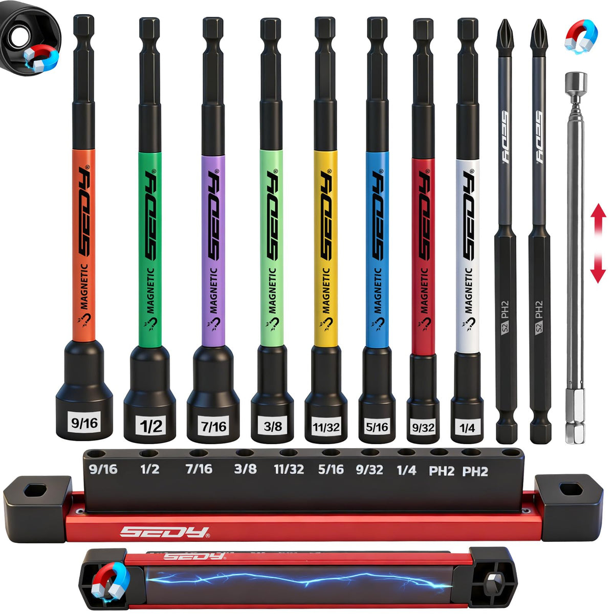 11PCS Magnetic Extra Long Nut Driver Set, SAE 9/16"-1/4", 6" Impact Nut Driver with PH2 Bits, 1.5lb Telescoping Magnetic Pickup Tool & Storage Rail, 1/4" Hex Shank, S2 Steel for Automotive Home Repair
