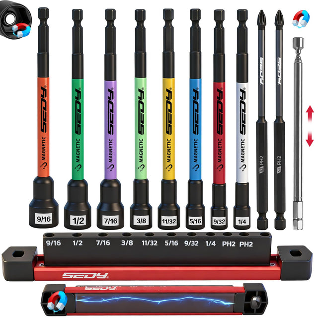 11PCS Magnetic Extra Long Nut Driver Set, SAE 9/16"-1/4", 6" Impact Nut Driver with PH2 Bits, 1.5lb Telescoping Magnetic Pickup Tool & Storage Rail, 1/4" Hex Shank, S2 Steel for Automotive Home Repair