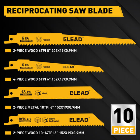 10-Piece Bi-Metal Reciprocating Saw Blade Set, Premium 6 & 8 Inch Wood & Metal Cutting Saw Blades with Storage Box