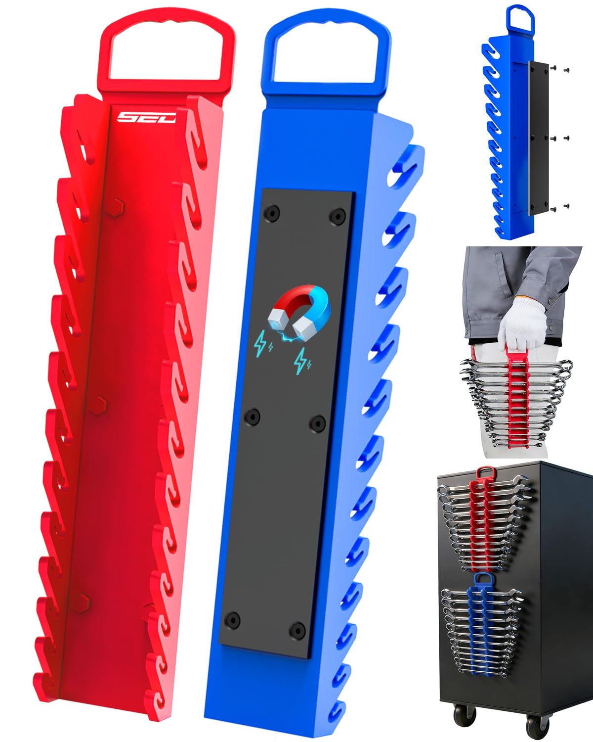 2-Pack Magnetic Wrench Organizer Set, 24-Slot Premium Wrench Rack Holder with Non-Slip Carry Handle for Tool Box Drawer Wall Storage, SAE (1/4'' to 15/16'') & Metric (6mm to 24mm)