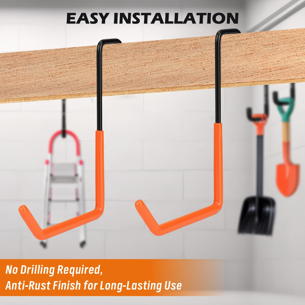 6-Piece Heavy Duty Rafter Hanger Hooks with 2-Piece Extension Straps, Vinyl Coated Large Metal Garage Utility Hooks for Hanging Bike Ladder Garden Tool Organizer (8 Pack, Orange)