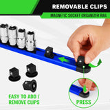 1/2-Inch Magnetic Socket Organizer Rail, Aluminum Alloy Socket Rail, Heavy Duty Sockets Holder with 12 Clips, 360° Swivel Clip Tool Tray, Sockets Organizer for Tool Box Drawer (Blue)