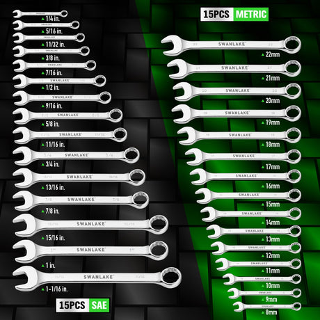 SWANLAKE 30-Piece Combination Wrench Set, Metric & SAE (8-22mm & 1/4” to 1-1/16”),12-Point Open End Standard Wrench Set, Mechanics Wrenches Sets, Chrome Vanadium Steel with Storage Rack