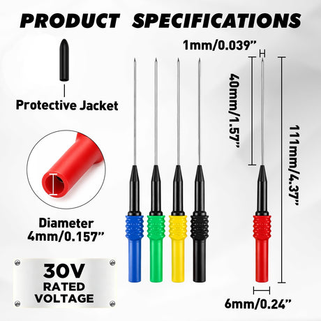 5-Piece Automotive Back Probe Pin Kit, 30V Needle Tip Terminal Test Probes, 4mm Banana Plug Compatible Backprobe Pins for Car Electrical Circuit Testing