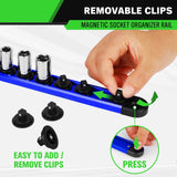1/4-inch Magnetic Socket Organizer Rail, Aluminum Alloy Socket Rail, Heavy Duty Sockets Holder with 14 Clips, 360° Swivel Clip Tool Tray, Sockets Organizer for Tool Box Drawer (Blue)