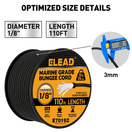 Heavy Duty Bungee Cord Roll, 1/8" x 110ft Marine Grade Outdoor Bungee Cords, Black Super Elastic Shock Cords, Long Cord for Cargo, Camping, Bike Racks, Tents