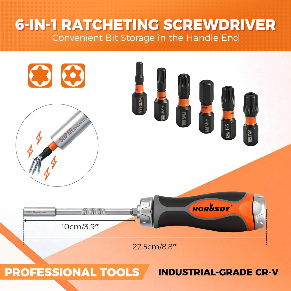 HORUSDY 6-in-1 Ratcheting Screwdriver Set, Magnetic Multi-Bit Screwdriver with Built-in Premium S2 Bits & 126mm Extension Bar, Dad Mens Gifts for Christmas, All-in-One Tool for Home Repair, DIY