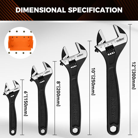HORUSDY 4-Piece Adjustable Wrench Set With 4-Piece Magnetic Wrench Organizer Racks, 6" 8" 10" Wide Jaw Black Oxide Wrenches with Tool Roll Pouch, Metric&SAE Scales, CR-V Steel for Home Garage Workshop