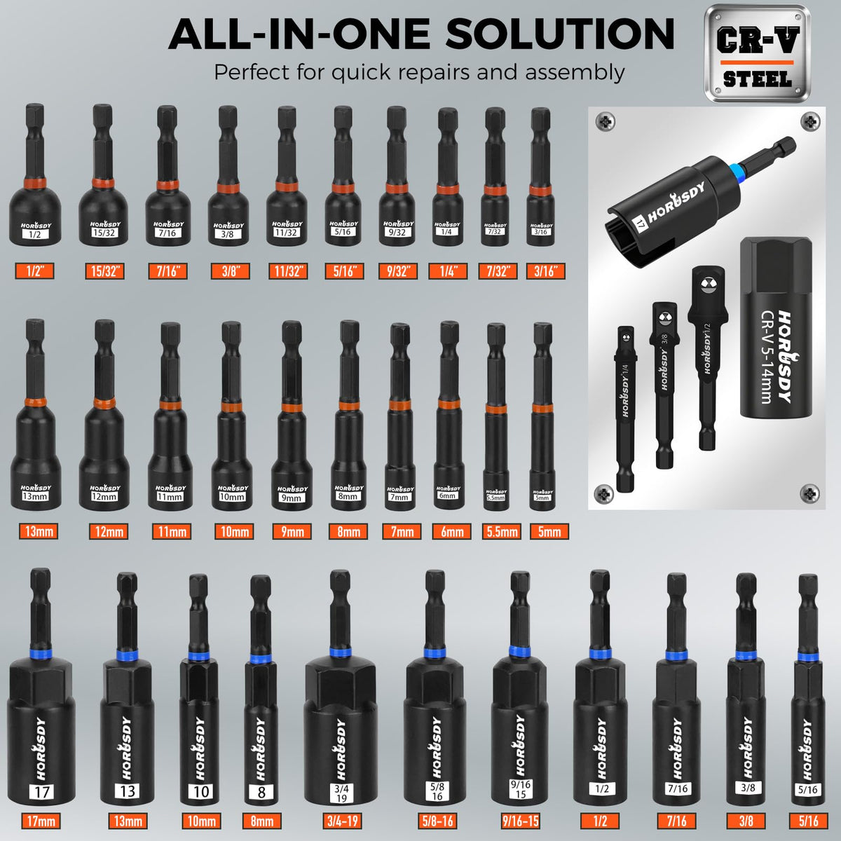 Upgraded 79-Piece Magnetic Impact Nut Driver Set, Metric & SAE with 3LB Magnetic Pickup Tool, Socket Adapters, Wing Nut Driver, Universal Sockets, Quick-Change Bit Holder & Extensions, Power Bits