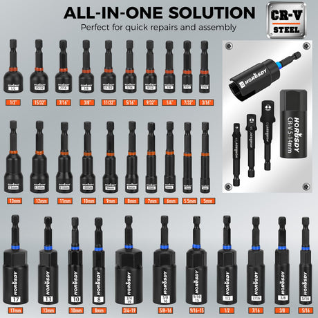 Upgraded 79-Piece Magnetic Impact Nut Driver Set, Metric & SAE with 3LB Magnetic Pickup Tool, Socket Adapters, Wing Nut Driver, Universal Sockets, Quick-Change Bit Holder & Extensions, Power Bits