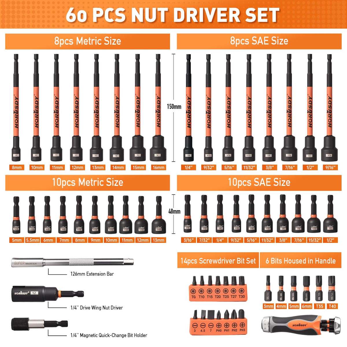 HORUSDY 59pcs Magnetic Nut Driver Set with 6-in-1 Ratcheting Screwdriver Handle, SAE & Metric 1/4 Inch Hex Shank Socket Set for Impact Drill with Quick-release Bit Holder and Extension Bar