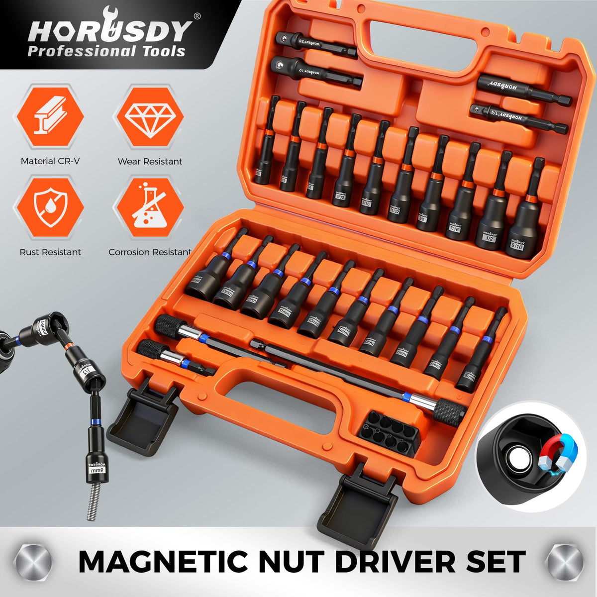 35 PCS Magnetic Nut Driver Set, Impact Drill Driver Bit 1/4" Hex Shank, SAE & Metric Cr-V Steel Nut Drivers with Quick-Release Extensions, Impact Socket Adapters, Bit Holder, 8PCS S2 Bits, Toolbox