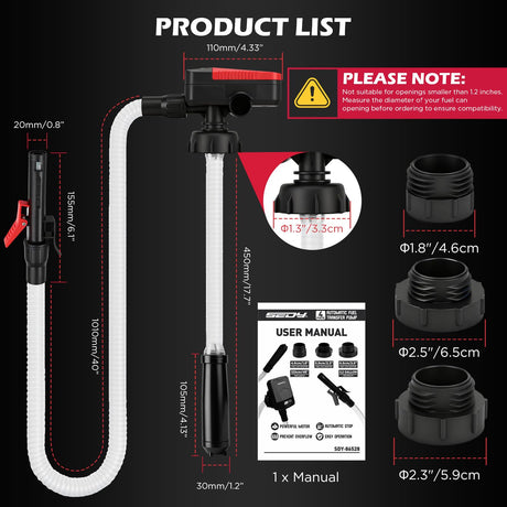 Automatic Fuel Transfer Pump with Auto-Stop Sensor(3.2 GPM), Battery Operated Gas Can Pump with 3 Can Adapters, Extra Long Hose, Portable Fuel Pump for Oil, Diesel, Gasoline (Batteries Not Included)