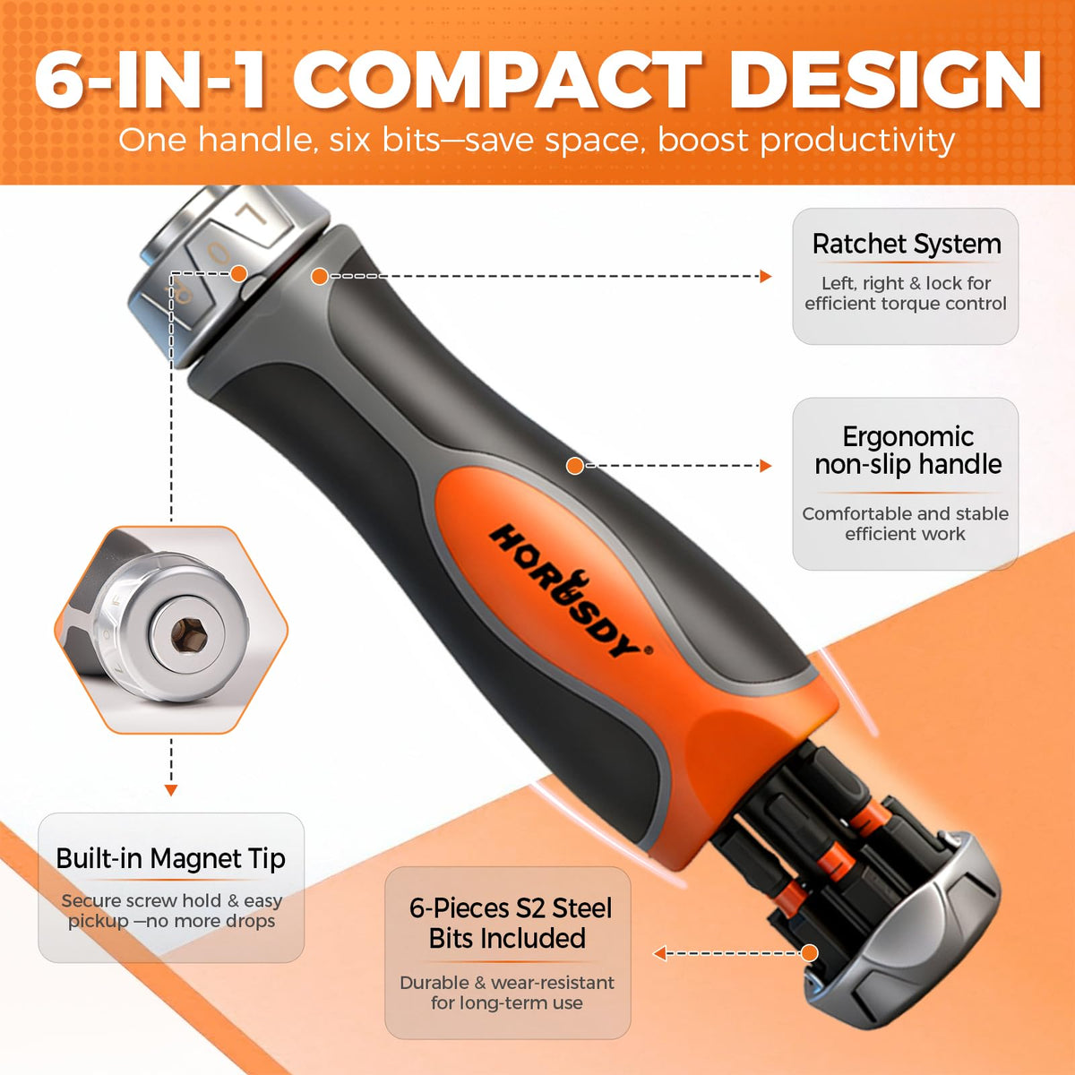 HORUSDY 6-in-1 Ratcheting Screwdriver Set, Magnetic Multi-Bit Screwdriver with Built-in Premium S2 Bits & 126mm Extension Bar, Dad Mens Gifts for Christmas, All-in-One Tool for Home Repair, DIY