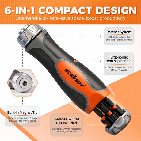 HORUSDY 6-in-1 Ratcheting Screwdriver Set, Magnetic Multi-Bit Screwdriver with Built-in Premium S2 Bits & 126mm Extension Bar, Dad Mens Gifts for Christmas, All-in-One Tool for Home Repair, DIY