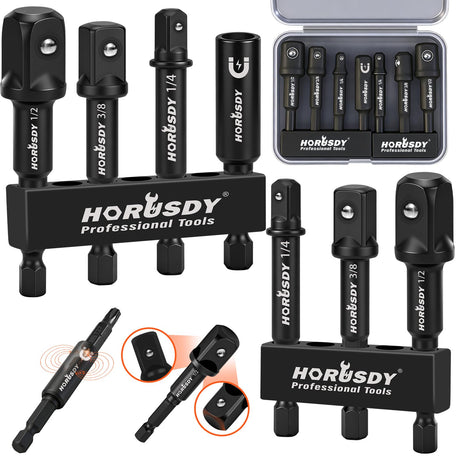 7-Piece High Torque Impact Socket Adapter & Magnetic Bit Holder Set, 1/4" Hex Shank Drill Socket Adapter to 1/2" 3/8" 1/4" Drive, Magnetic Bit Holder for Impact Driver & Drill, With Organizer Rack
