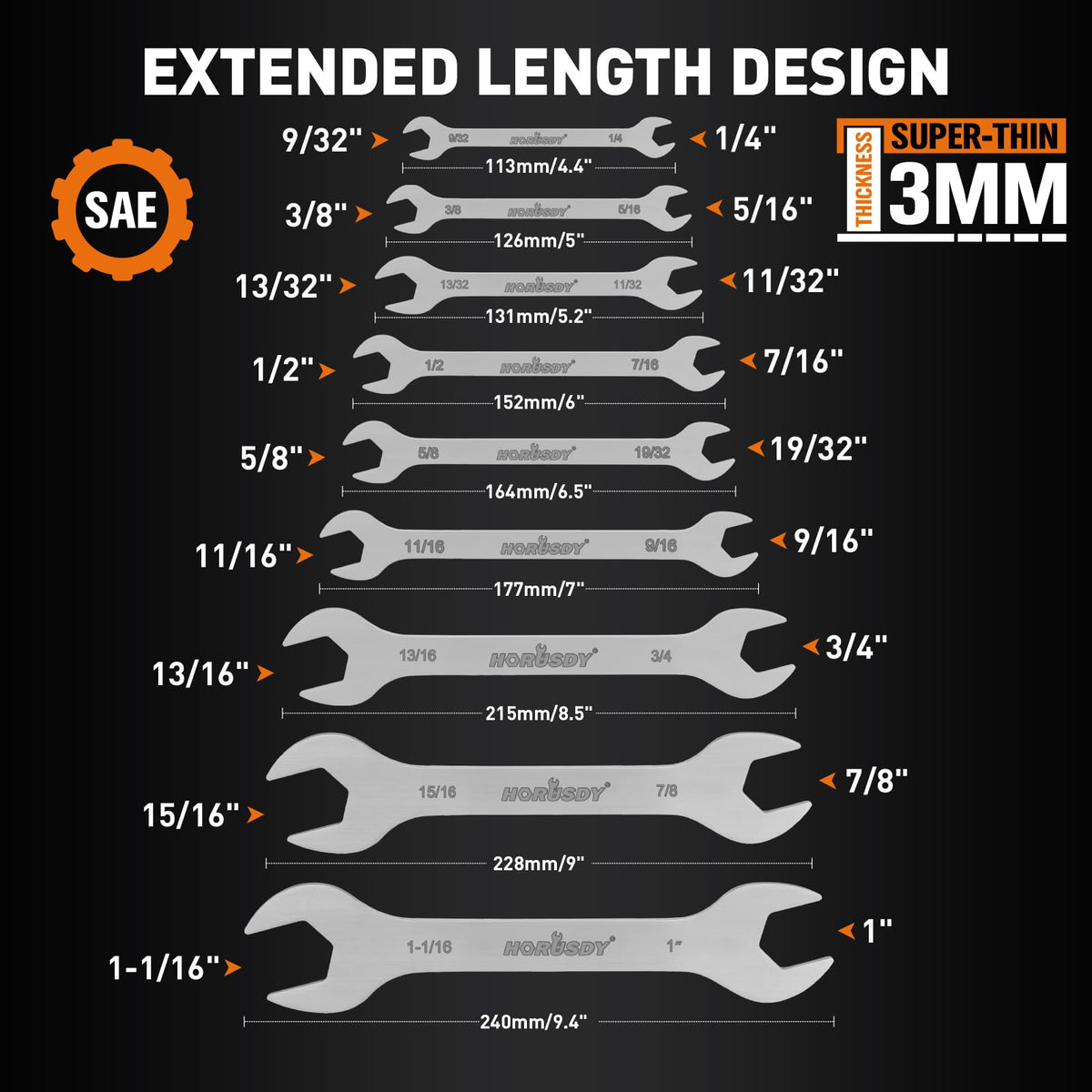 HORUSDY Thin Open End Wrench Set | Bike Wrench Set with Rolling Pouch | 19-Piece SAE & Metric | CR-V Steel | 1/4" to 1-1/16" & 5.5mm to 27mm for Mechanics