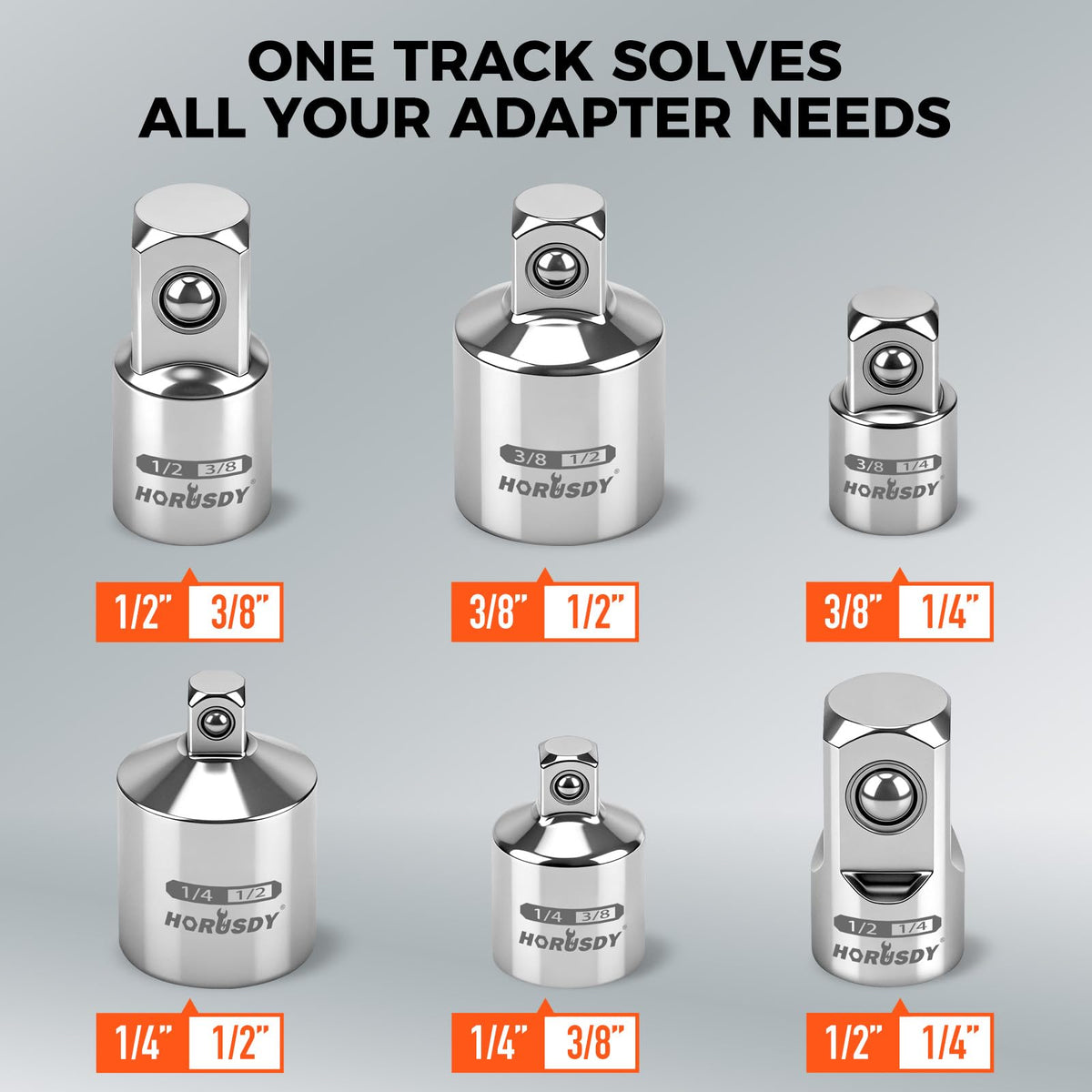 6-Piece Storeable Socket Adapter and Reducer Set with Magnetic Rail, Ratchet Adapter Set 1/4" 3/8" 1/2" Drive, Chrome Vanadium Steel, for Impact Driver & Drill, Organized Holder