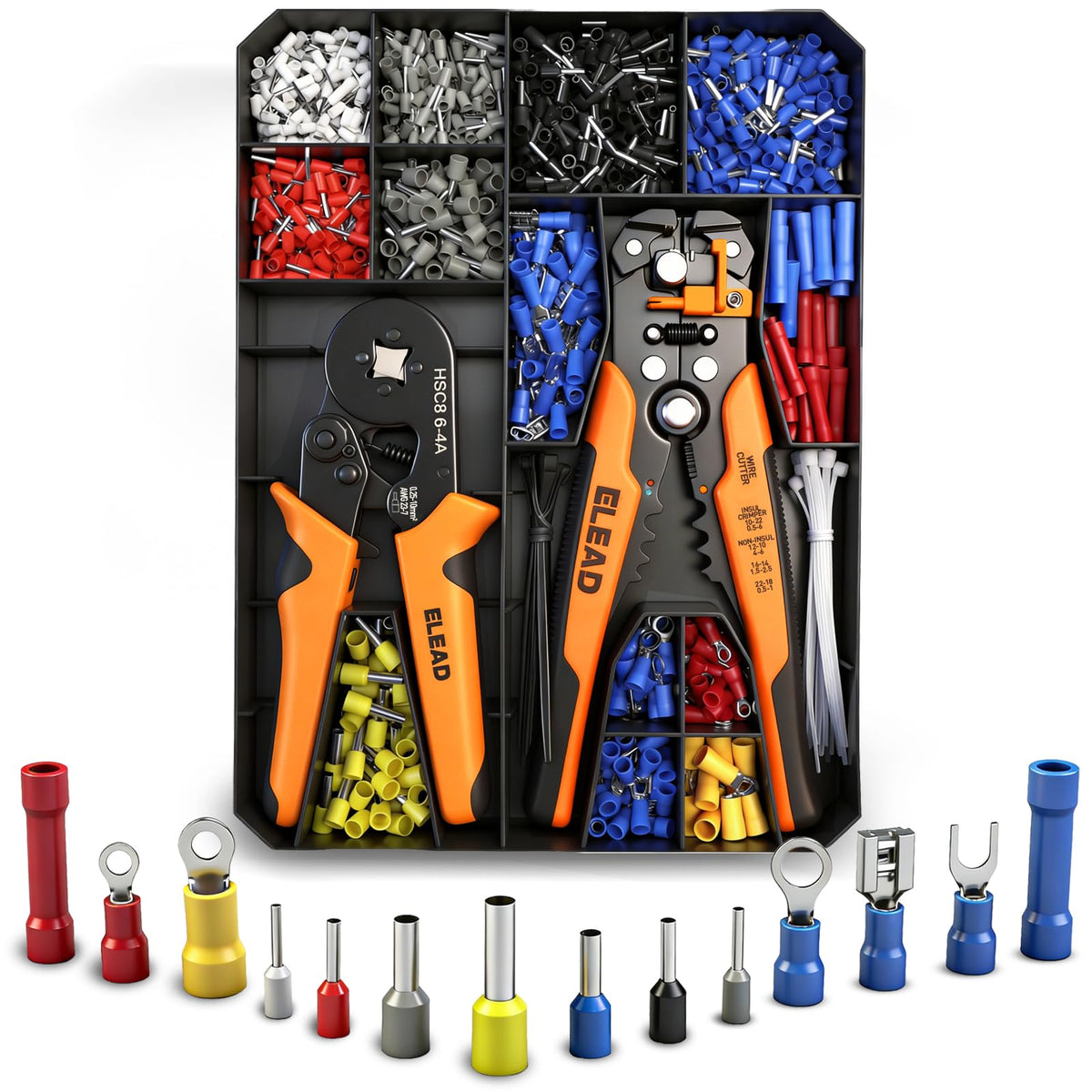 1188-Piece Ferrule Crimping & Stripping Tool Kit, AWG 23-7 (0.25-10 mm²) Ferrule Crimper, Automatic Wire Stripper with Conductor End Sleeve, Terminal, Flat Plug, Flat Connector and Tie Tape